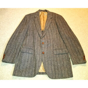 VINTAGE Mens Blazer-HARRIS TWEED-brown herringbone Scottish wool 2-button-42L